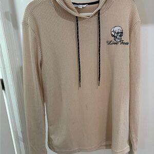 Distortion Men's Beige Hoodie Live Fast Skull Embroidered Design Size Large